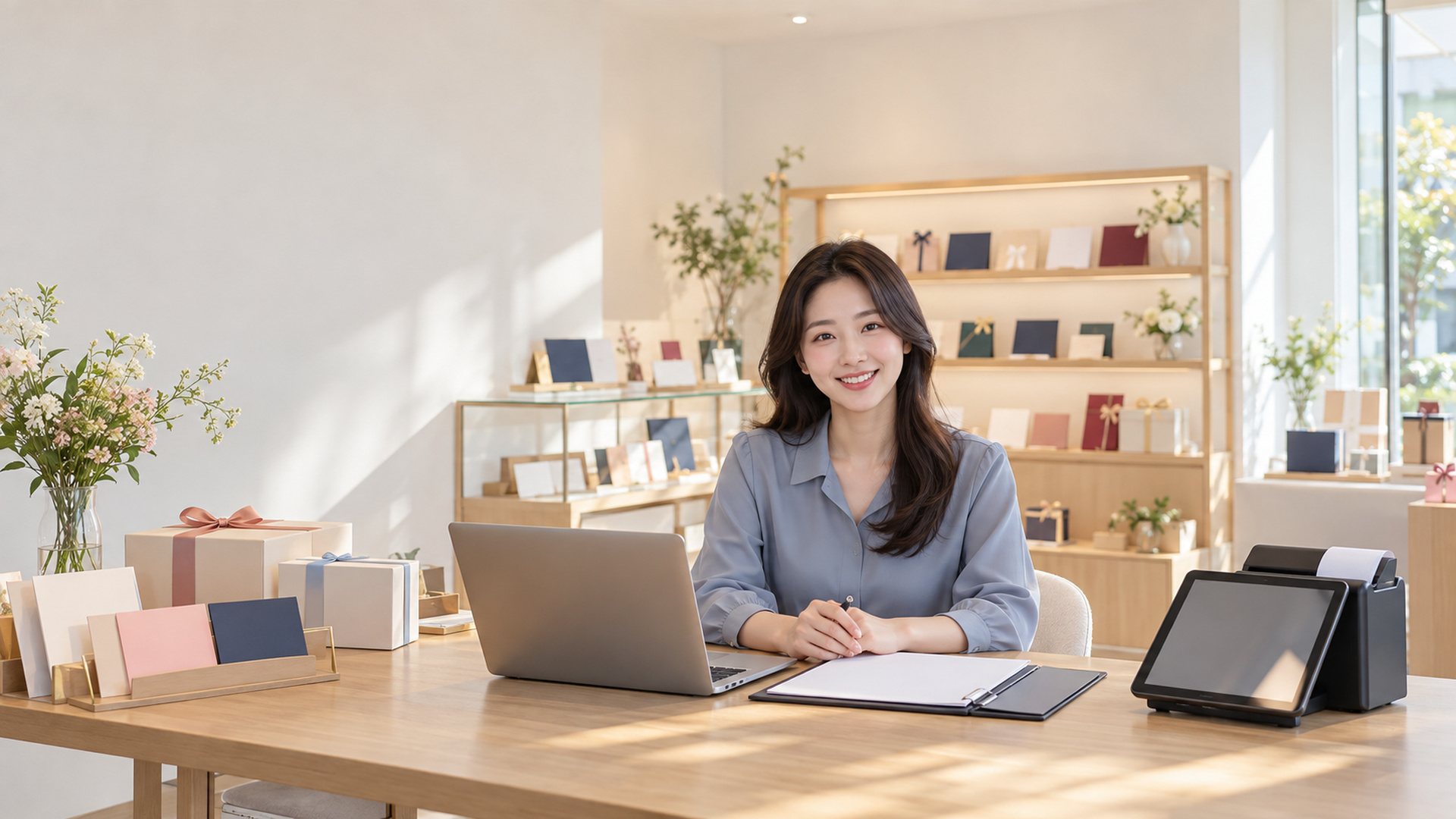 상품권 판매 PG 가입 · 상품권 판매 매장 상담 자리에서 30대 여자 사장님이 노트북과 서류 사이에서 웃는 장면(연출 사진)