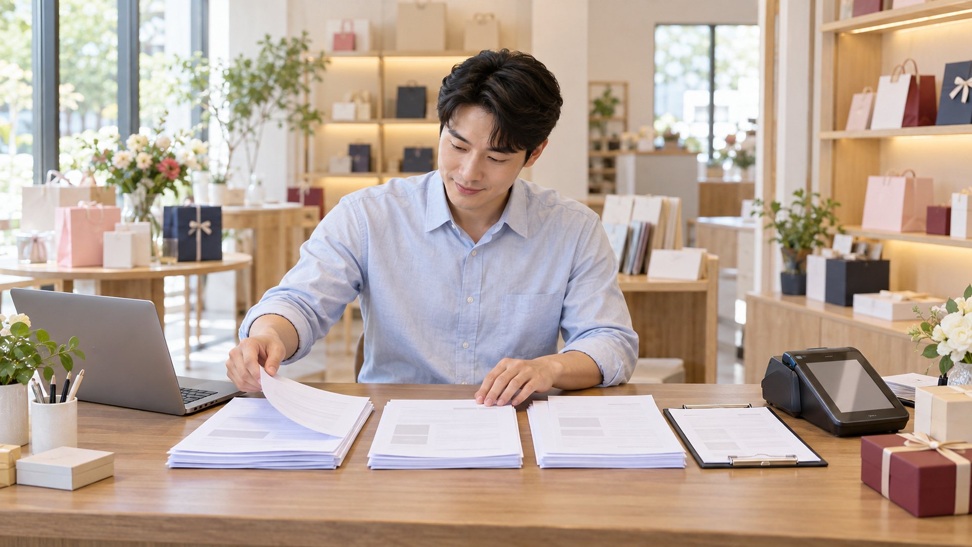 상품권 PG 가입 서류 · 책상 위 서류 묶음과 클립보드를 30대 남자 사장님이 정리하는 장면(연출 사진)